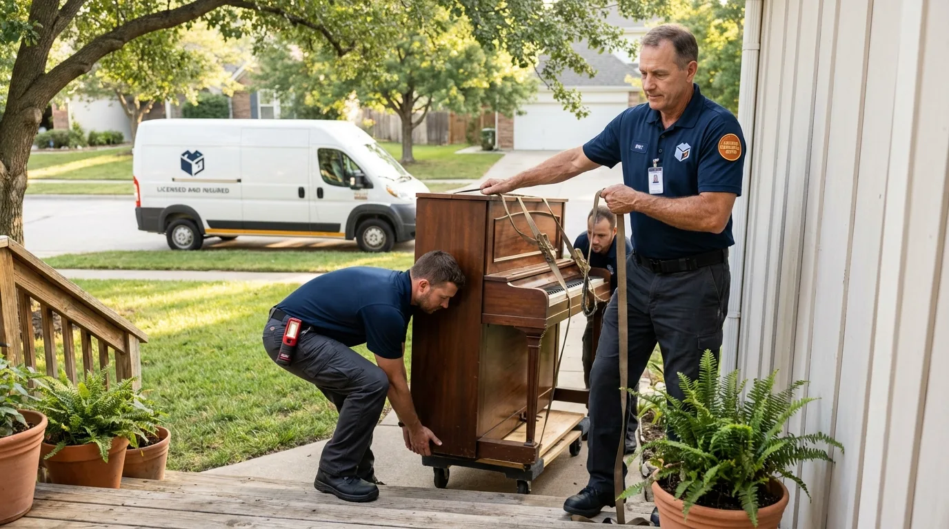 Licensed piano movers securing grand piano in Montclair, NJ